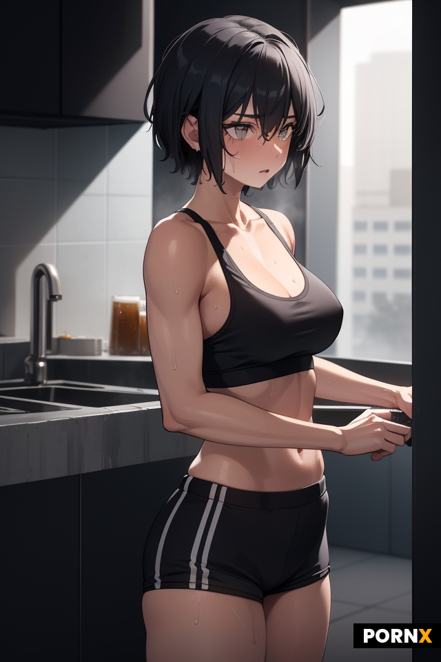 Sweaty Tomboy getting a beer out of the fridge