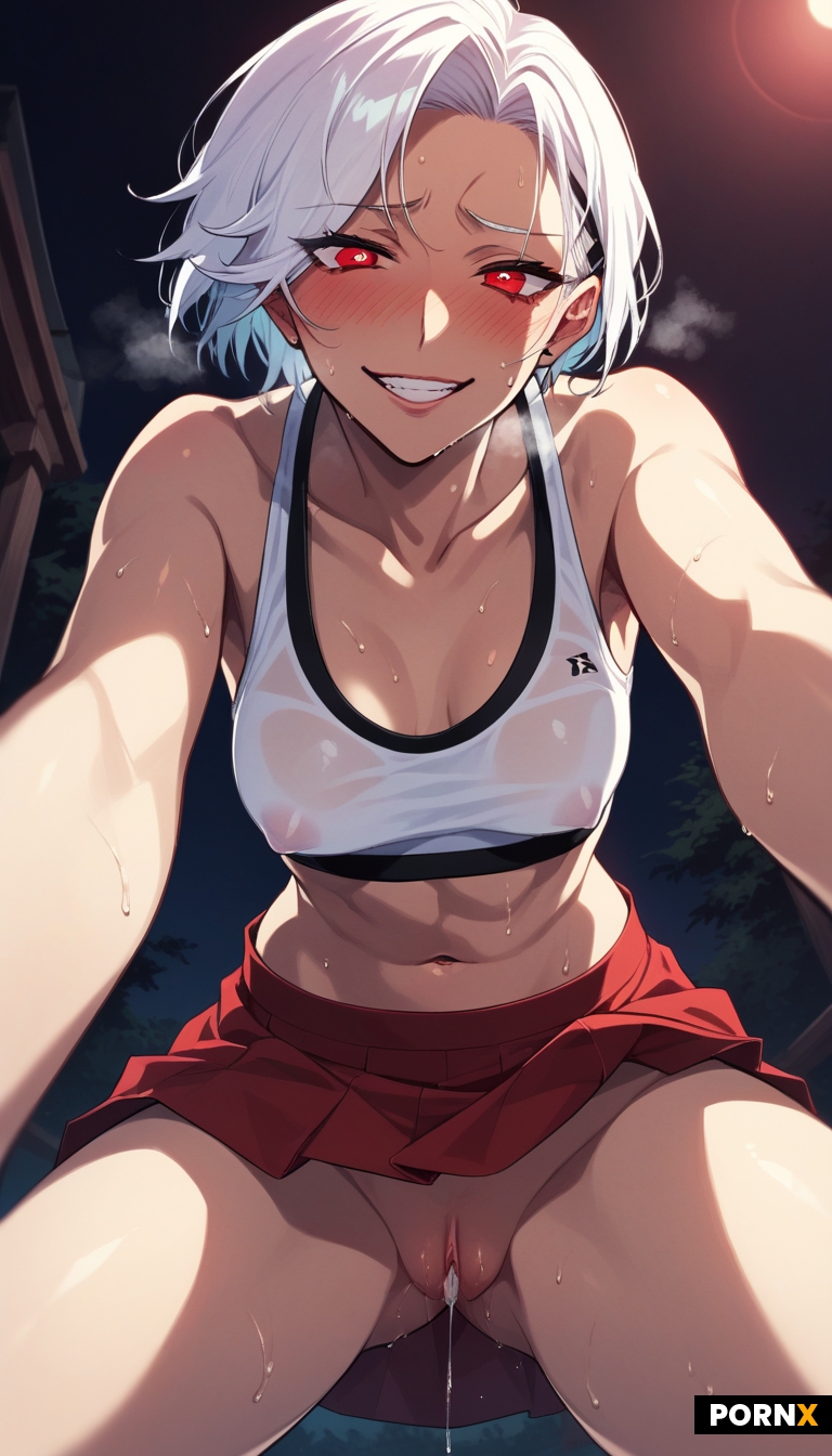 one sweaty Japanese female with white short hair and red eyes leaning forward looking down at viewer