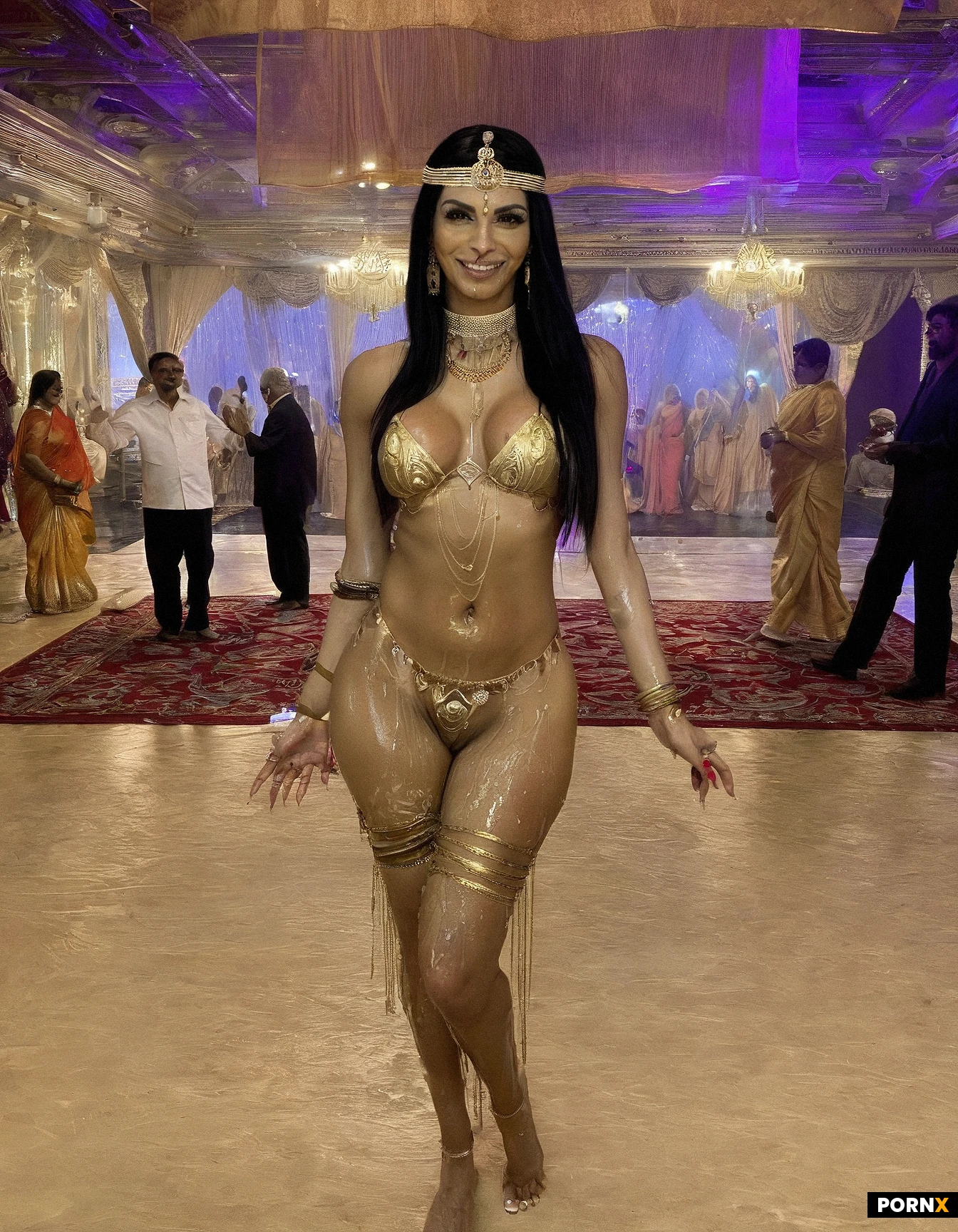 indian woman covered in oil, performing belly dance, standing up, pussy dripping, barefoot, sexy body, 20 years old, skinny, smiling, thigh gap, black hair, pink nails, nose piercing, belly piercing, clitoris piercing, nipple piercings, gold choker, silver belly chain, black thigh garter, fake breasts, full body view, fully nude, covered in oil, drenched in oil, slicked in oil, (crowded ballroom), old man in suit watching in background, old indian man in traditional clothing watching in background.
