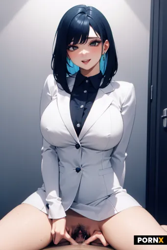Prostituta vestida em trajes de seu trabalho com cabelo wolfcut curto azul escuro recebendo facial e