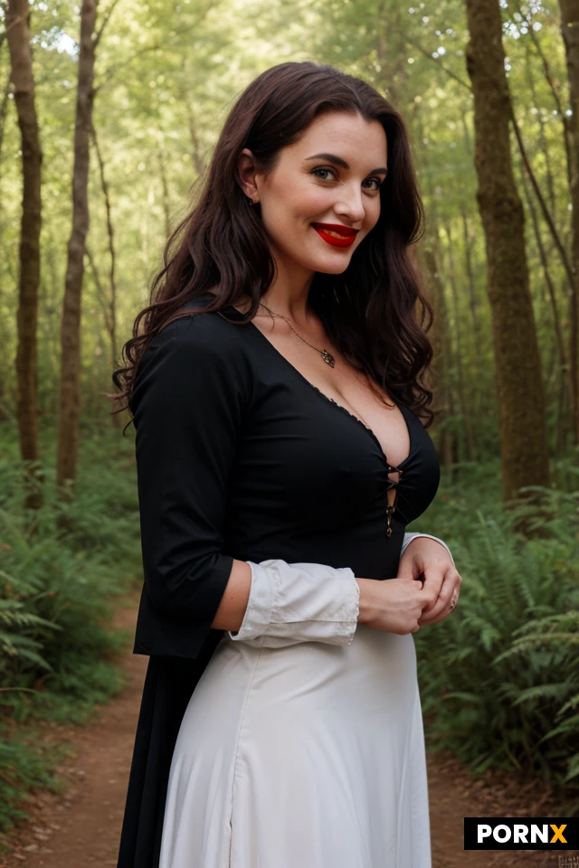 medieval times.milf.36 years old.pale skin.face with British features.medieval garments.medieval peasant girl's dress.open neckline.long black curly hair .red lipstick.voluptuous body .in a forest.smile