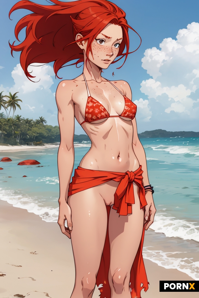 Skinny red haired woman with freckles
