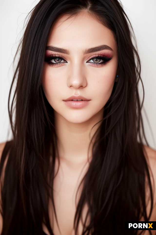 Woman, One, European, Skinny, 20 years old, White skin, very long Black messy hair, Messy hair, Black eye color, round eyes, open eyes, Beauty face, Realism, Closeup Portrait, prostitua make up, eye liner, bright gaze, hot allure, messy hair,