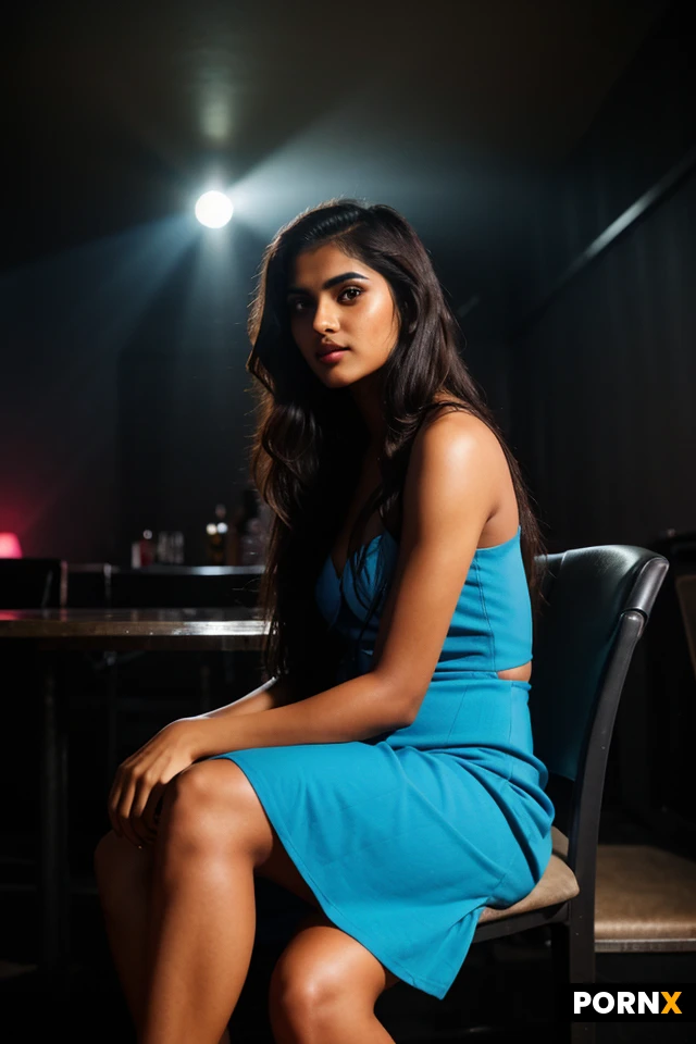 Fit Indian,cute model,tanned skin,wavy long hair, blue dress. Sitting on a chair in a corner inside a club looking away from the camera. Jazz band playing behind her. Dark room. Light is very dim on the woman. Light is more on the jazz band behind her. The rest of the room is foggy.