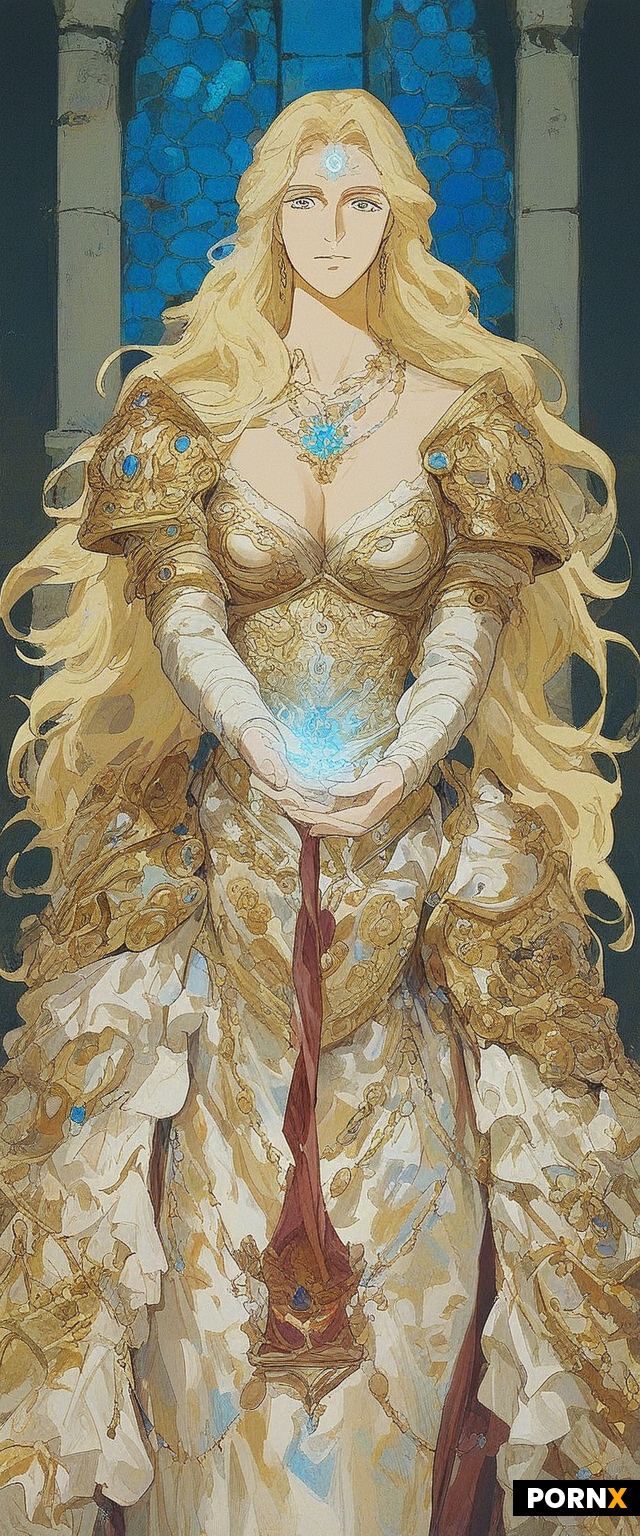 Anime-style elegant 18yo woman with long flowing blonde hair