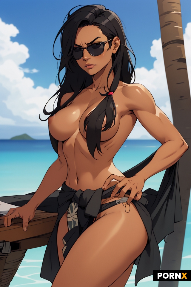 Fit topless Polynesian woman with medium black hair