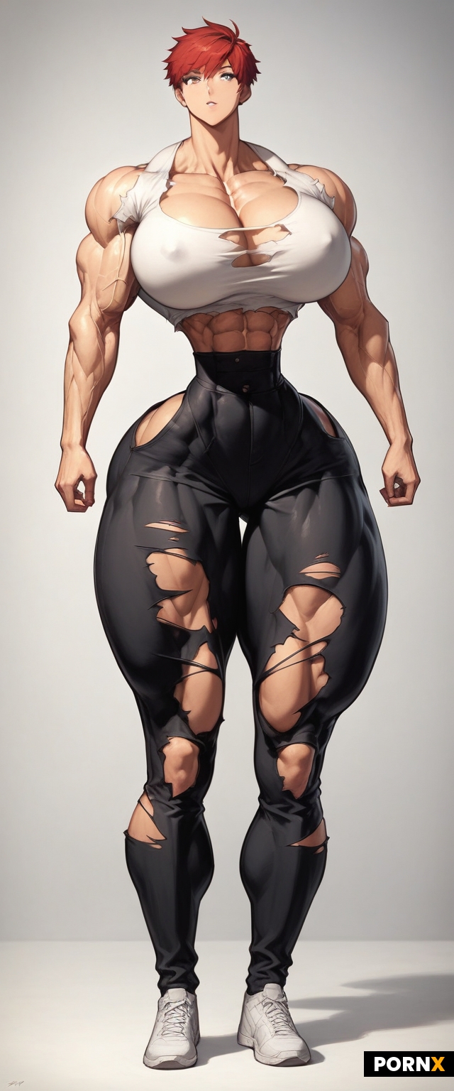 Side-view photo of a very muscular woman with hands on hips