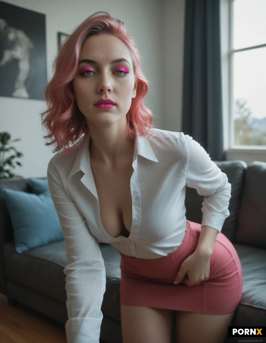 beautiful woman, long light blue hair with bangs, pale skin, slim body, medium perky breasts, modern living room, large sofa, big windows, natural daylight, 20 years old.Short club skirt. Cleavage. Low cut shirt. Big ass. Slim waist. Pink eyes. Pink eyeliner. Pink lipstick. Red highlights. Long wavy hair in ponytail. Erotic. Standing Leaning forward. Drooping shirt. Opening shirt