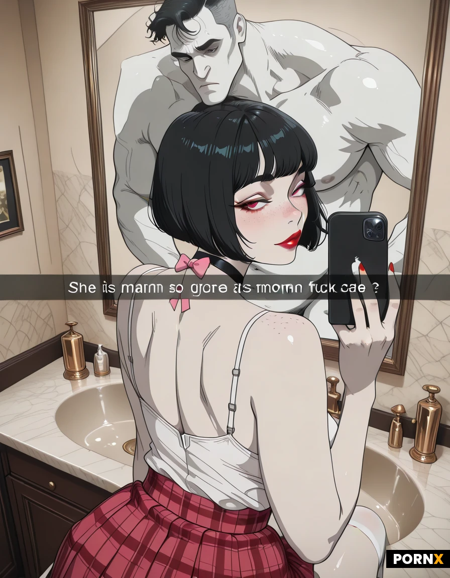 woman posing intimately with a massive huge tall muscular man, couple taking a selfie in a bathroom mirror, ((the woman is sitting on a marble bathroom counter looking back at the camera)), the man's hands are holding the woman's hips, mirror selfie, a couple in a bathroom, a massive huge tall muscular man standing above a woman, giant man's head is out of frame, size difference, snapchat-style text along the upper-third of the frame that says "Fuck babe he is so big...", the man is much taller than the woman, sitting on a bathroom vanity counter, intimate pose, his hands are on her hips, intimate scene, woman with White skin, shortchubby, Pale skin, black hair, bobcut, Bangs, pink bow in her hair, hairbow, choker, black choker around neck, she is wearing a red plaid pleated skirt, white stockings, garterbelt straps, Makeup, Long eyelashes, Thick eyebrows, nose freckles, eye liner, natural hair, red lipstick, man holding smartphone to take the picture, back view of the woman, snapchat selfie, full width caption over a dark bar reads "Fuck babe he is so big...", iphone 17 selfie, soft indoor lighting, UHD, amateur selfie, mouth slightly open in an expression of arousal