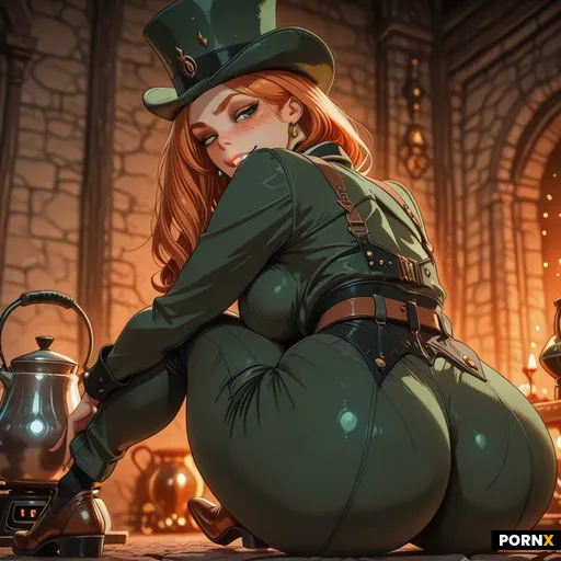 A short bbw/fat irish ginger woman with freckles dressed as a leprechaun has ginger hair and green e