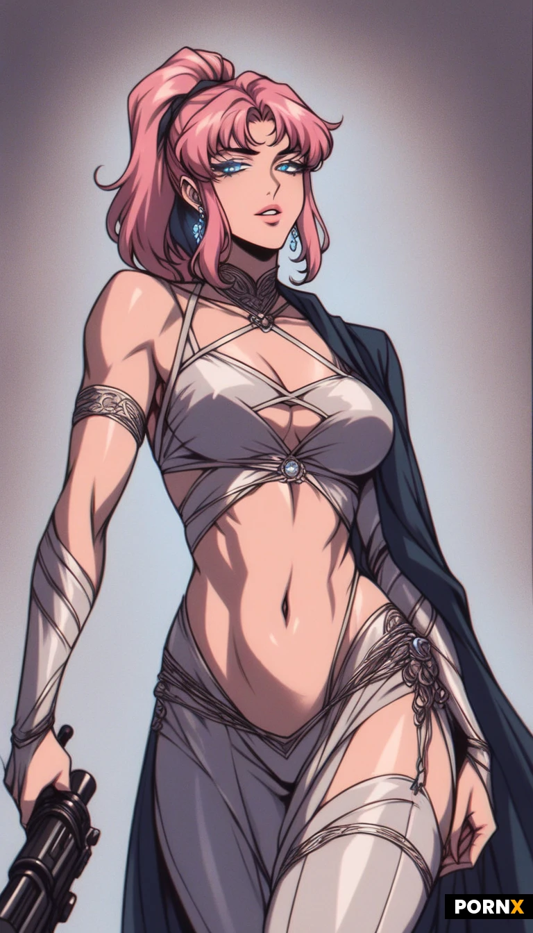 A seductive android with flawless white metallic skin stands in a confident model pose, her high ponytail of vibrant pink hair streaked with black highlights framing elegant curtain bangs in a Chinese cut, while glowing blue tattoos trace intricate patterns across her chest and torso. She gazes directly at the camera with penetrating blue glowing eyes, pink lips slightly parting, her slender frame highlighted by a tight, flat stomach and small-medium breasts with subtle nipple detail, the white plastic face smooth and expression sweet yet alluring. A low-angle shot bathed in soft rim lighting and a cool neon blue backlight accentuates the shiny surfaces, casting gentle reflections on her polished limbs and creating a shallow depth of field that isolates her from a minimalist futuristic backdrop. The composition is rendered in high-resolution digital art with cinematic shading, emphasizing the contrast between the cold metal and the warm pink hair.