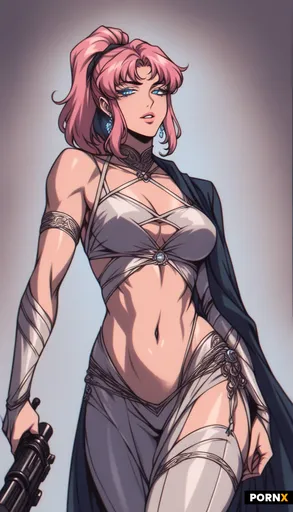 A seductive android with flawless white metallic skin stands in a confident model pose