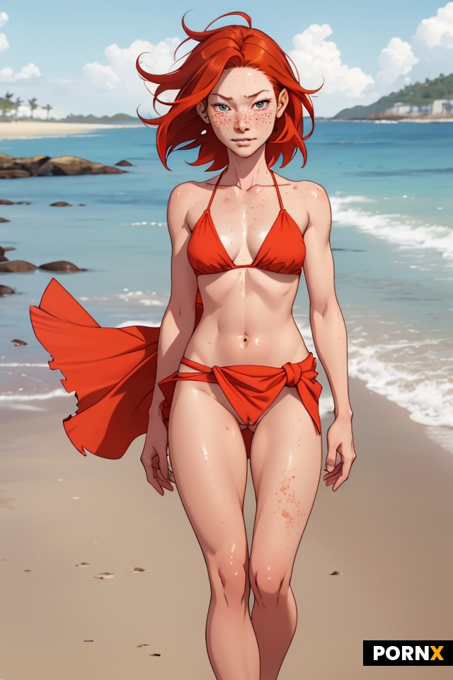 Skinny red haired woman with freckles
