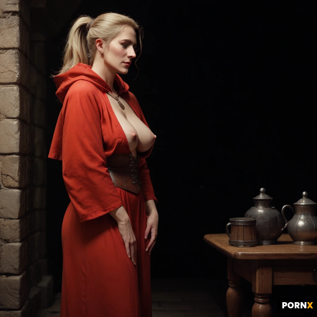 Female Inquisition Member with blonde ponytail hair standing in front of black wall in medieval cellar. wearing red leather top and red robe with hood. (frontal view:2.0)