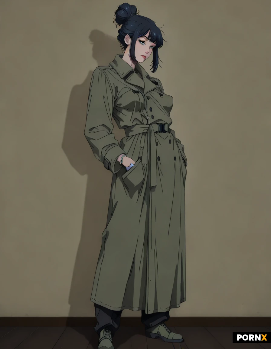 1girl, solo, Lena, pale blue eyes, dark hair, messy bun, silver ring, minimalist jewelry, realistic, detailed face, detailed eyesoversized olive green coat, (slouchy:1.2), relaxed pose, soft lighting, indoor setting, neutral background, natural skin texture, subtle makeup, perky breasts, full body shot
