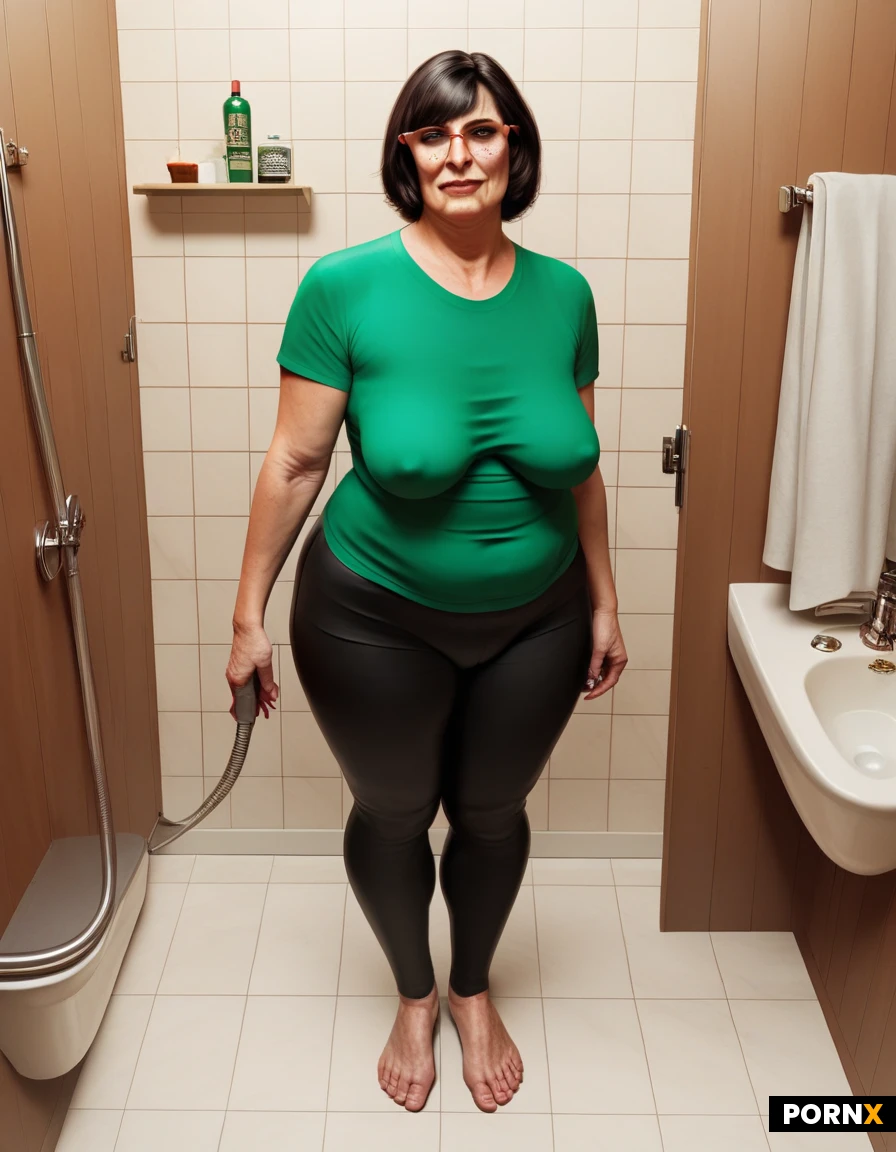Woman,One,58 Years old,White,British,Irish,Irish milf,Mom body,Mom bod,Fat,Busty,Pale skin,medium breasts,Natural breasts,floopy breast, Busty thighs,Big ass,Wide jaw,Big eyes,Big blue eyes,Pale skin,Freckles,Black hair,Brunette hair,Bangs,short bob cut,Medium hair,90s bobcut,Blowout bobcut,Blowout bangs,brown eye color,mom body,love handles,shapely,full-figured,,wide hips,thick thighs,sagging breasts,bathroom shower area,standing, full body,realistic, tall ,slimer not to plump, and large ,slight wrinkles on face,slimmer legs, fully covered green oversized loose t-shirt covers body, Fat nipples are evident in t-shirt but not transperant, Improve face eyes details, with yoga pants, realistic, wears glasses