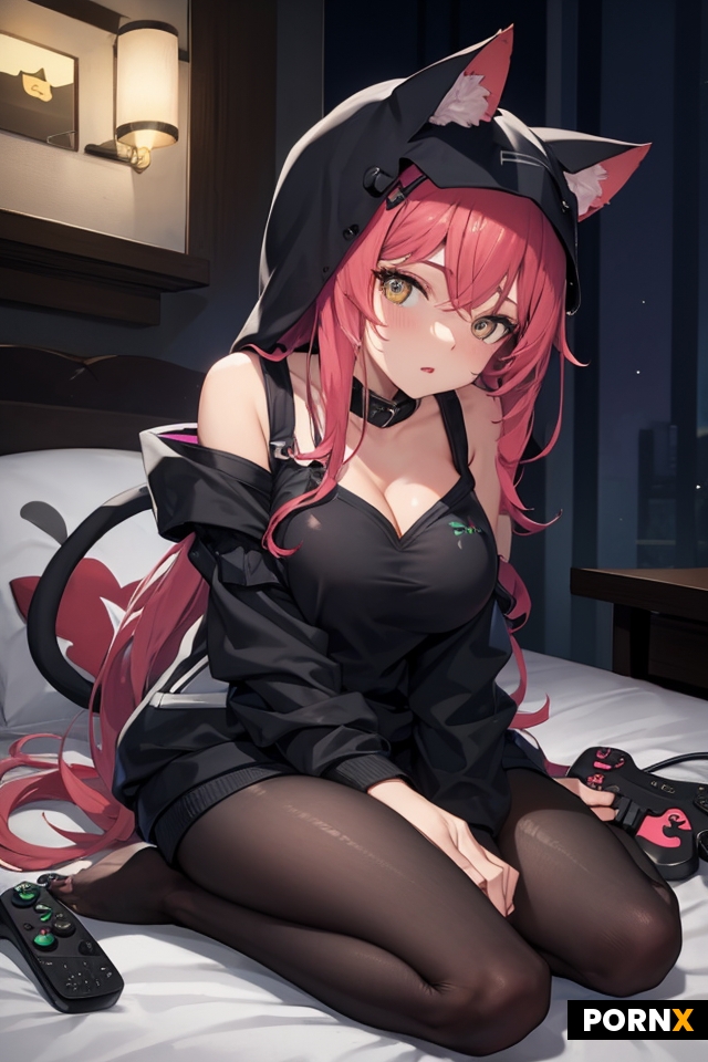 40 year old woman cat ears holding video game controller crop hoodie leggings