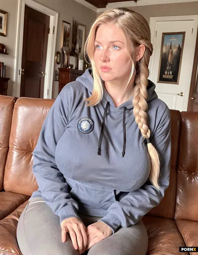 she wears a blue hoody with a university-font