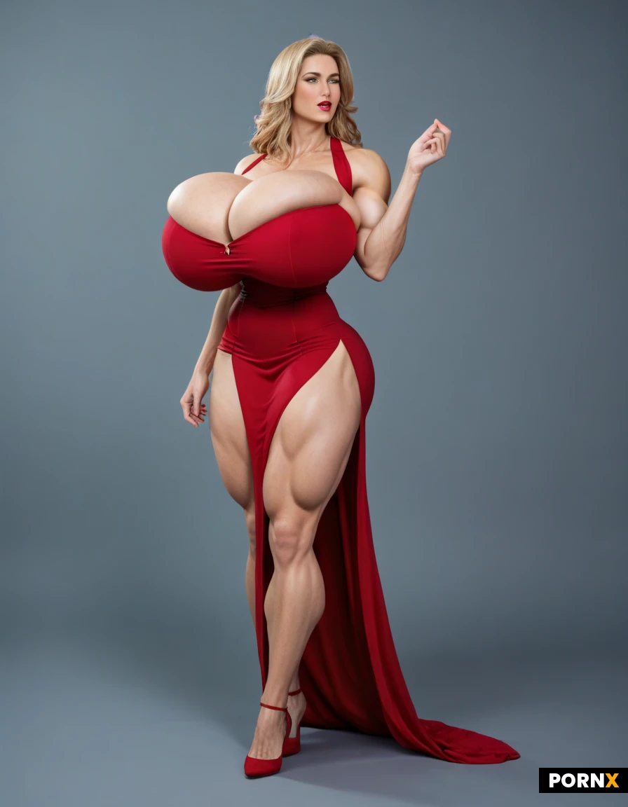 Full body image of two Super mega muscular female bodybuilder models in their 20s with a super slim waist and incredibly mega exaggerated huge boobs, ultra detailed, high resolution, anatomically accurate, perfect fingers, perfect anatomy, (hyper extreme colossal breasts: 0.9999), both have soft floppy drooping natural breasts spill down to her sides, breasts drop to the sides of her chest, hyper massive breasts, breasts hypertrophy, disproportionately(gigantic colossal hyper breasts: 0.9999), unrealistic breasts size, giant expansion breast, extremely huge voluptuous breasts, massive breasts, her hair reaches her knees straight super long golden hair, super defined sixpack which shows every single ab absolutely ripped and defined, perfect hourglass figure and super mega thick tree like muscular legs, perfect face, perfect facial features, sexy face, perfect muscular hourglass, Bright emerald-green eyes with a mischievous glint, smoky liner, French kissing each other. One wears a Red nightdress with tight fitting so that her abs show throu the garment the other one a green dress