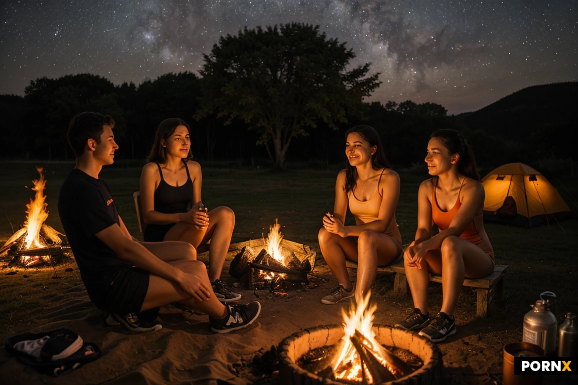 A realistic photograph of a summer evening. Two athletic women and one man are sitting together around a glowing campfire infront of a tent at a campfire. The man is sitting in the middle between the two women. All three peopleare wearing swimmwear and sneakerz. Cozy and relaxed atmosphere, warm orange light from the fire illuminating their faces and bodies. Backround shows other tents and silhouettes of trees under a starry night sky. Shot on 35 mm lens, cinematic lighting, highly detailed skin textures, sharp focus.