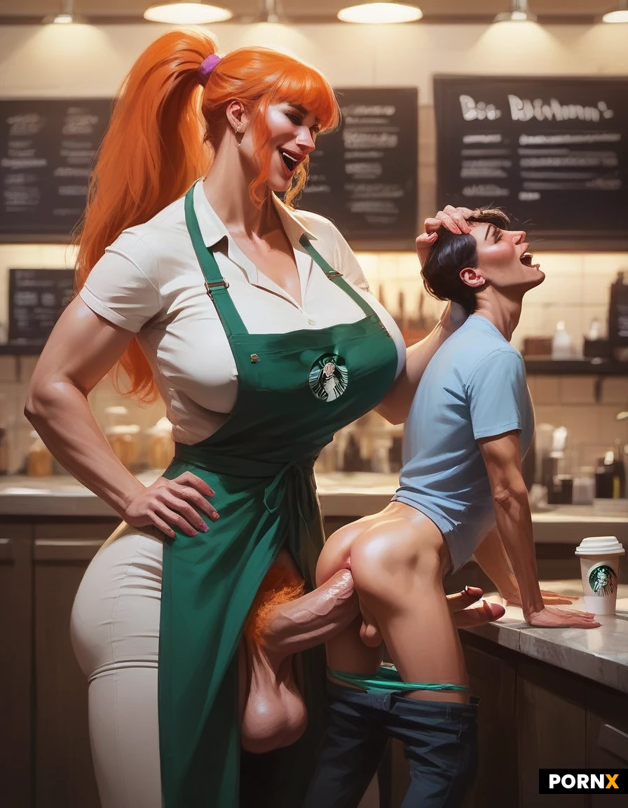 (score_9, score_7_up, score_8_up), digital art, realistic, Expressiveh, sunlight, (starbucks:1.1), (clothed:1.0), starbuni, futachichi green apron, long hair, ponytail, orange hair, (bangs:1.2), short hair, blue eyes, beauty sign, duo, (futa on male:1.3), (futa fuck boy:0.4), (futadom:1.1), (malesub:1.0), (size difference:1.3), (big dom small sub:1.1), (larger futanari:1.0), (big penis:1.1), balls, futanarie laughing, futa is bigger, penis size difference, orange pubic hair, tiny penis, pant down, voluptuous futanari, busty futanari, big breasts, huge breasts:1.1, short male, skinny, (slim chest:1.1), screaming:1.2, deep thrusting: 1.8, (anal sex:1.2), head grab, multi angle views