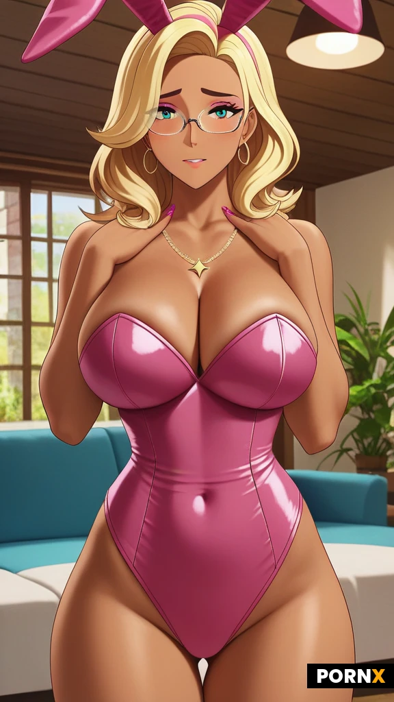 cute gyaru girl, brown skin, rendered in ultra-detailed anime eyes, clear-rimmed glasses, jewelry, medium hair, big and soft breasts, slender thighs, slim body, embarrassed face, lovely look at you, incredible decollete, (sexy pink bunny suit1.4). (scene is erotic pose in room, party room in background, full room view, night light). rendered in ultra-detailed, high-resolution anime style with crisp linework.