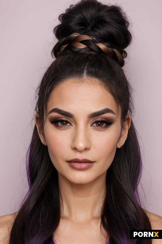 Woman, 40 Years old, 30 Years old, Arabic, Middle Eastern, Persian, Small breasts, Thick eyebrows, Makeup, Big eyes, Sharp nose, Wide jaw, Black hair, Purple hair, Braided hair, Pubic hair, Medium hair, Brown eye color