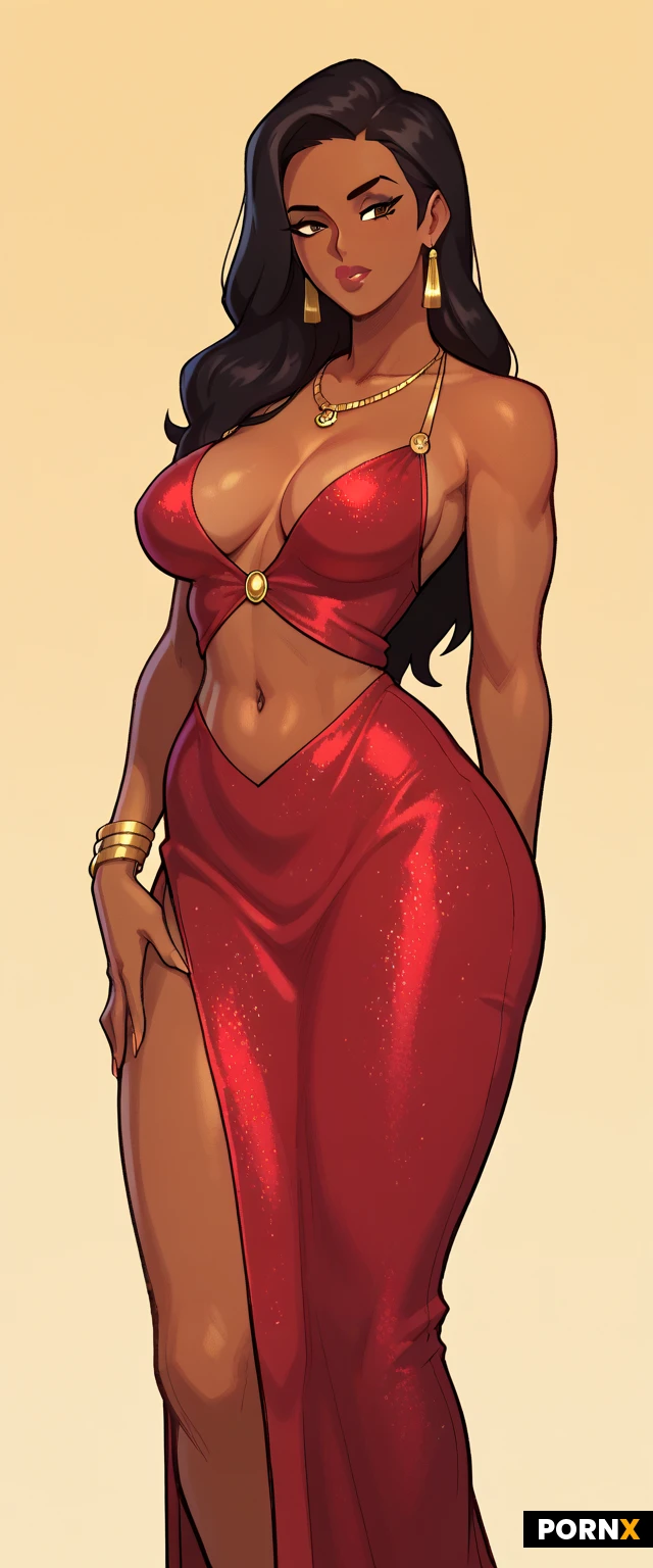 Brown skinned woman, South Indian, 18 years old, sexy, brown eyes, black hair, long hair, bangs, , medium breasts, perky breasts, midriff, hip lines, busty, hip lines, silk dress