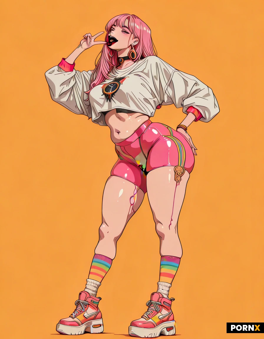 A plus sized K-pop star. KOREAN. Chubby. JoJo's wardrobe reads as deliberate provocation against modesty through the language of cartoon rebellion—oversized graphic sweatshirts cropped to expose her soft underbelly, spandex shorts that disappear between her substantial thighs, knee socks that squeeze her calves and highlight their heft. Neon pink curls piled impossibly high, chokers designed to squeeze just slightly, platform sneakers that force her hips to sway with every step. Colors clash aggressively: vivid yellow against electric purple, rainbow stripes cutting across pale flesh. Every piece is two sizes too small or three sizes too large, never fitting properly by design. She's sticking out her tongue and doing a peace symbol, manic. you can see at least some of her tits and ass or pussy