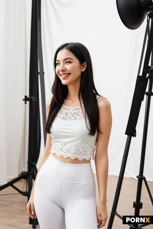 35-year-old woman, 175 cm tall, with long straight black hair, green eyes, fair skin, full lips, a curvy feminine body, realistic proportions, neither skinny nor overweight, healthy and confident appearance, average body, portrait 9:16, dressed in sleeveless top and lace-look leggings, white color, in a minimalist photo studio, during daytime, standing and facing the camera, subtle realistic movement, with candid laugh, photo style: casual photo, lens and focus: 2015 smartphone camera look, image quality: balanced photorealism, realistic finish without plastic-looking skin, fine smartphone grain