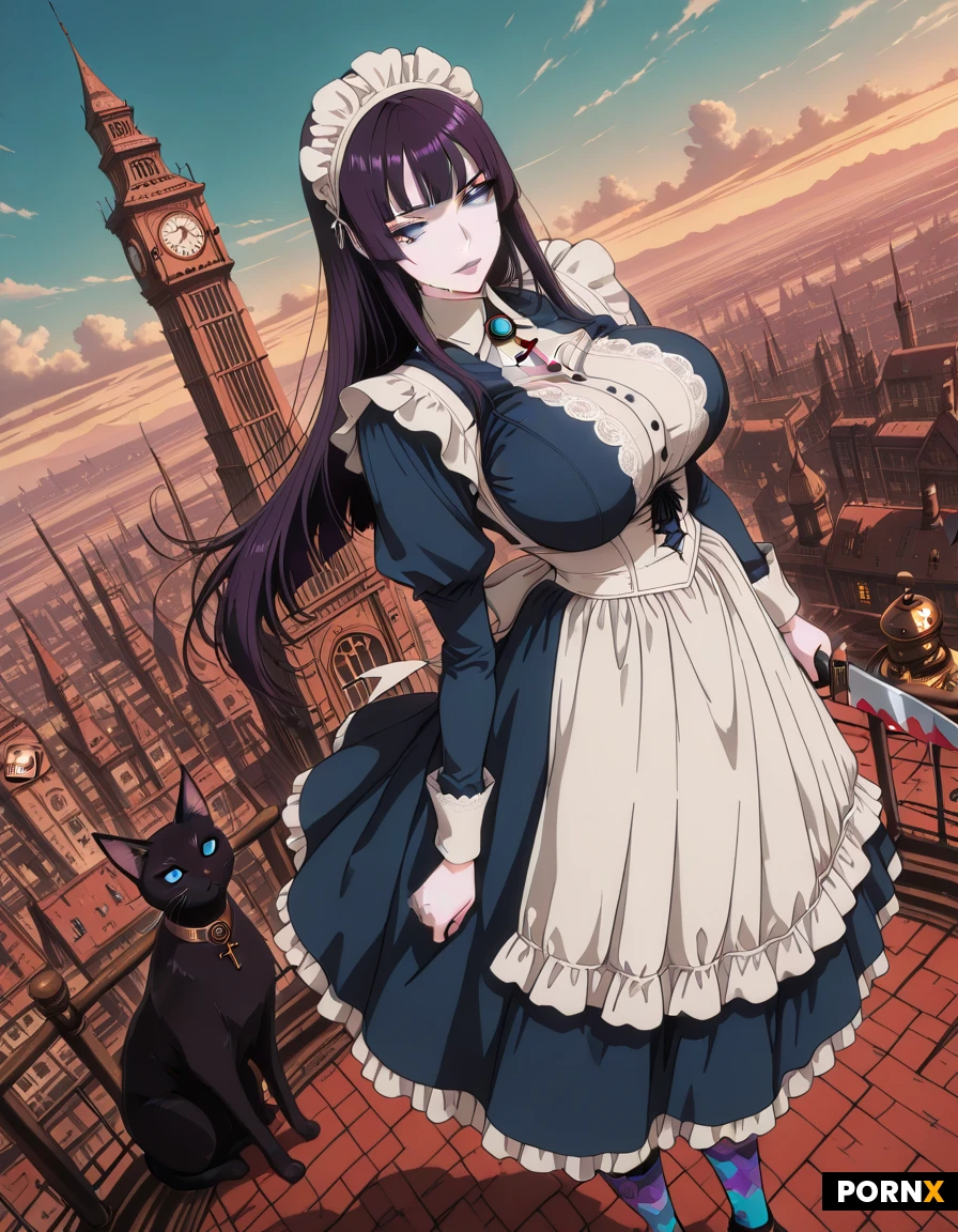 high definition, steampunk gothic style, woman 20s, pale white skin, blue eyeball, dark straight long hair, she wearing bright blue Victorian maid dress with red ink stains and intricate lace. She holds a sharp engraved knife. look at viewer, big breast, long necklace with key shape pendsnt, long color band socks, background, steampunk-industrial Wonderland landscape, giant mechanical cogs, floating landmasses, giant twisted clock tower, giant teapot, a purple skinny cat, detailed face, detailed eye, dynamic angle