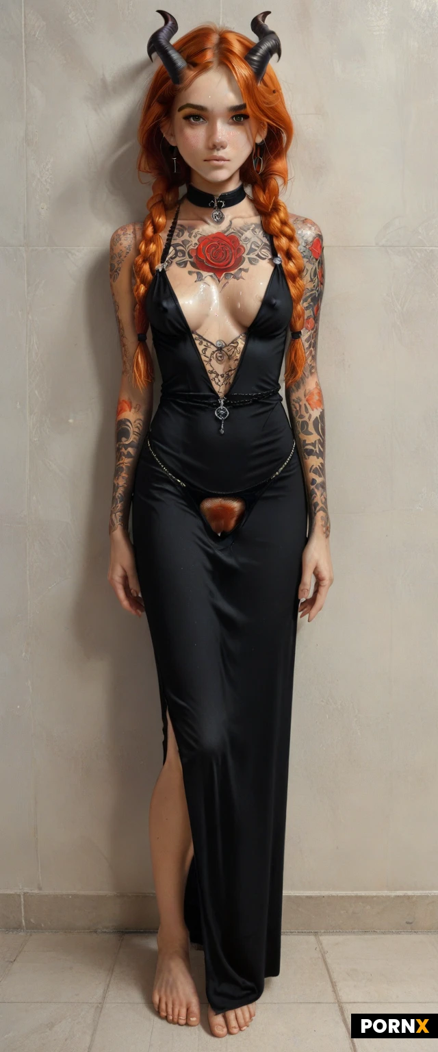 (demon:1.6),(anime:2),(celestial:1.8),(toon:1.5),manga,(tall:1.2),slender,thin,ginger henna hair,braids,freckles,Black eyes,freckles,thick eyebrows,(psychedelic tattoos:1.4),tight black dress,natural breasts,nipple,chest strap,(sweaty),panties,hairy pussy, fishnet dress,stockings,(masterpiece),(highly detailed:1.8),(psychedelic:1.4),foot fetish,breast exposed,view from belowe,leans toward wall,sad face,