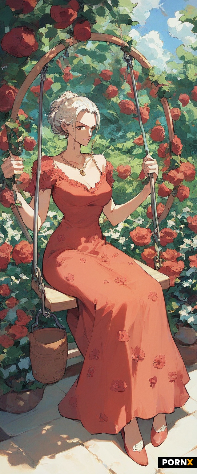 One piece anime style woman sitting on swing in a garden