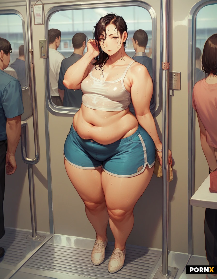 Chinese woman, cute, short, chubby, crop top, tight shorts, big ass, flat chest, wide hips, playful, sweaty, wet hair, full body view, on public train