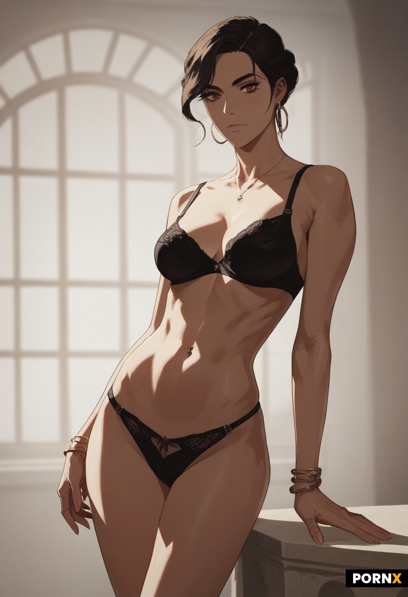 slender woman posing in intricate black bra and panties