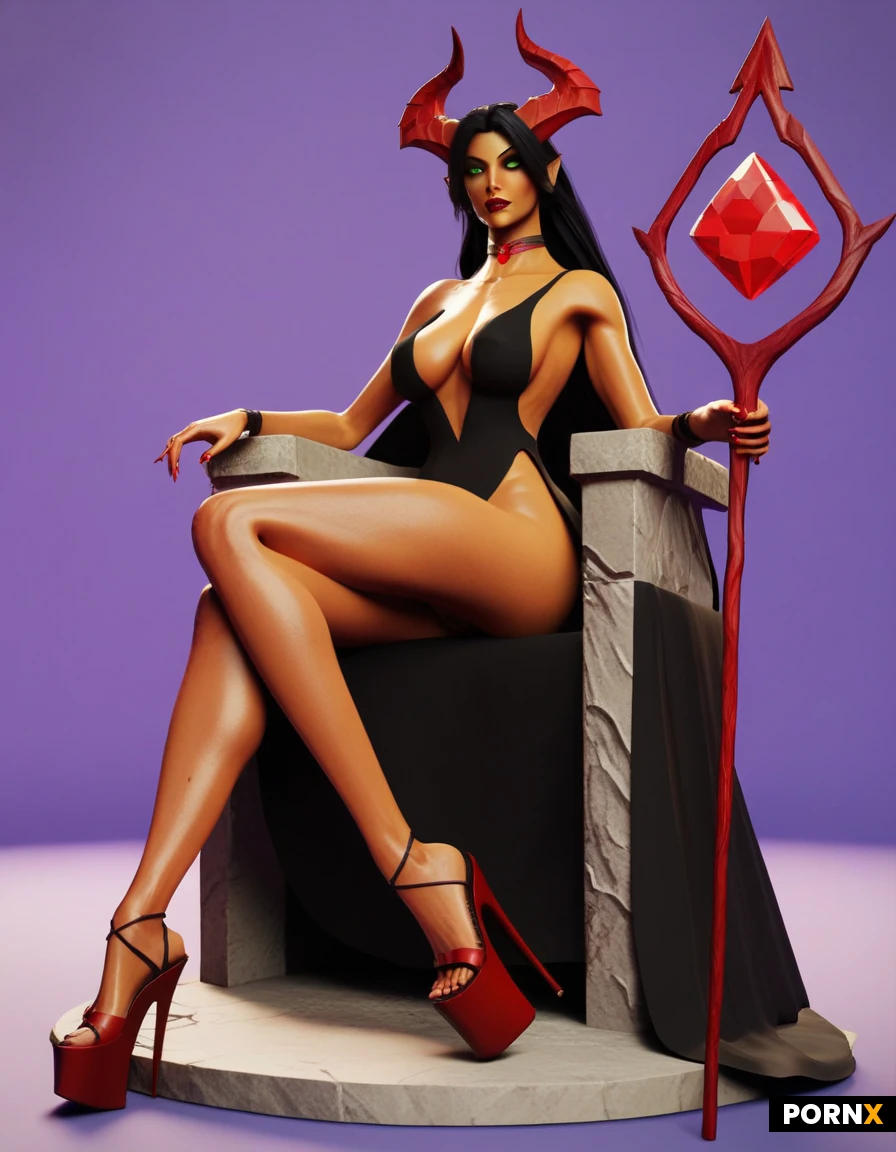 A demon/devil queen sitting on a carved stone throne. She has small red horns, long black hair, bright green eyes and a red arrow-tipped tail. 34D breasts. Wearing a long black gown with red cord lacing crossed over the bodice. Legs open, exposed vagina. Red strappy platform heels, and a choker with a red gem. Holding a tall silver trident. Plain purple background.