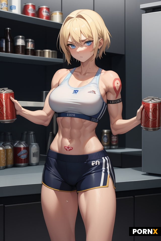 Sweaty Tomboy getting a beer out of the fridge