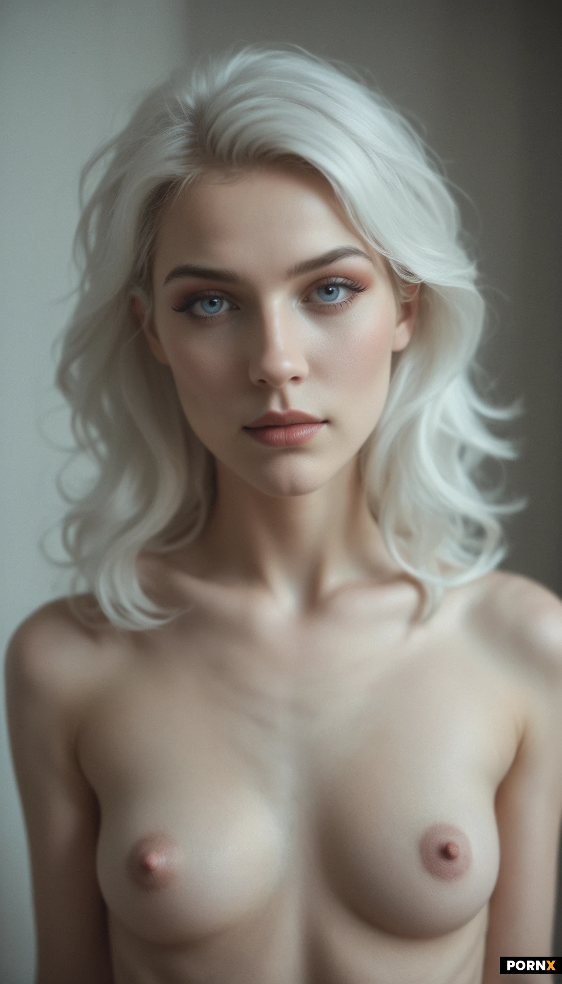 beautiful woman, white hair, blue eyes, gorgeous face, makeup, skinny, photorealistic, <lora:64:0.9>, medium breasts, small nipples, small areolas