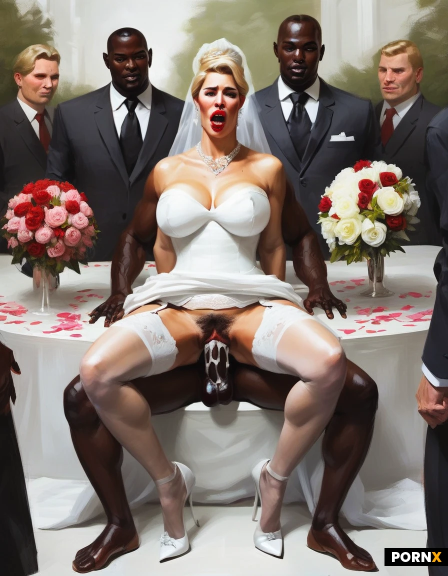 wonderful most beautiful wedding bride, detailed face, full lips, blonde hair, hairbun, conservative white wedding dress, garter belt and sheer beige stockings, white Louboutin conservative high heels, dress lift up, decent red lips in face, hourglass figure, nylon stockings, wedding flowers, wedding bouquet, huge wedding cake, open mouth, hands holding her boobs, (interracial sex: 1.3), fucked by an large black man, missionary(3rd person)sex, sitting on a table, rough fucking sex, legs spread wide, dark hairy pussy, rough sex, deep penetration, black man in suit, black man gritting teeth, black man has aggressive look, cum dripping down thighs, hard fucking, outdoors, flowering meadow, wedding guests watching, many people around, late afternoon, long deep shadows, specular lighting, full body view