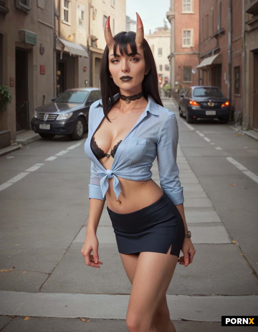 18 years old,red skin,medium round breasts,skinny thighs,police,office shirt,pencil skirt,bare midriffblack hair,long straight shining hair,green eyes,black lips,street,day,tounge out,bangs,looking at viewer,oni horns,cleavage,belly button,choker,flat stomach,midriff
