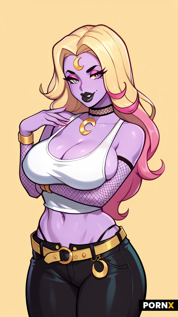 one woman, purple skin, standing long hair, straight hair, curtain hairstyle, blonde hair with pink highlights at the tips, green sclera, big eyes, pink eyes, big lips, black lipstick, seductive smile, big breasts, side boob, cleavage, midriff, fit, cumgutters, skinny, crescent moon tattoo on forehead, fishnet choker, white tank top, fishnet sleeve with gold bands, high waisted black g-string, black pants with a belt loop around hips, simple background