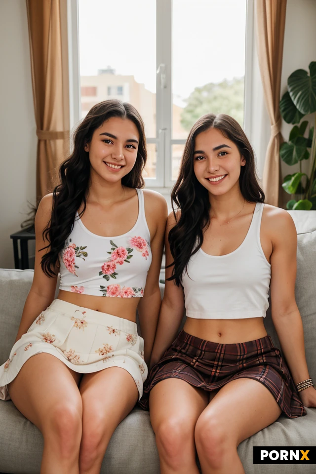 Two women (20 years old), one Brazilian and one Colombian, hipster style, long black curly hair, athletic and curvy build, sitting together on a cozy couch in a college dorm room, wearing white tank tops and floral hippie skirts, smiling naturally, relaxed college atmosphere, warm afternoon light, bohemian decor, muscular legs, strong thighs, candid lifestyle photography, highly detailed, photorealistic.