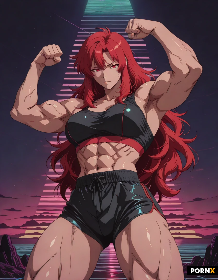 Fit muscle figurer, felxing muscle pose, black-red hair, Long wild Hair, big cleavige, short gymshorts. Heroic Lights. Titt fuck