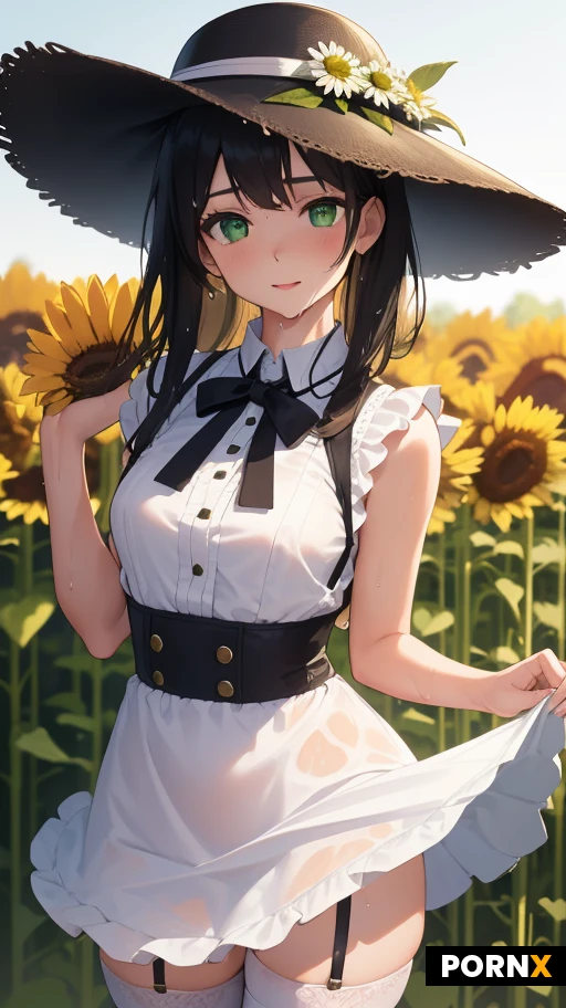 4k definition, super realistic, pretty woman, 20s, cute face, bright yellow and white gingham print with a modest bellshape dress, trimmed with delicate eyelet lace and featuring a small white apron tied at the waist. wide-brimmed straw boater hat decorated with fresh daisies and a green silk ribbon, (she is facing to the viewer, and lifting her dress up, show her wet pussy, and white stocking:1.3), background countryside, vibrant field of blooming sunflowers. warm golden hour lighting, vibrant colors, clear skin texture, detailed embroidery, idyllic and joyful atmosphere, detailed face, detailed eye. dynamic angle