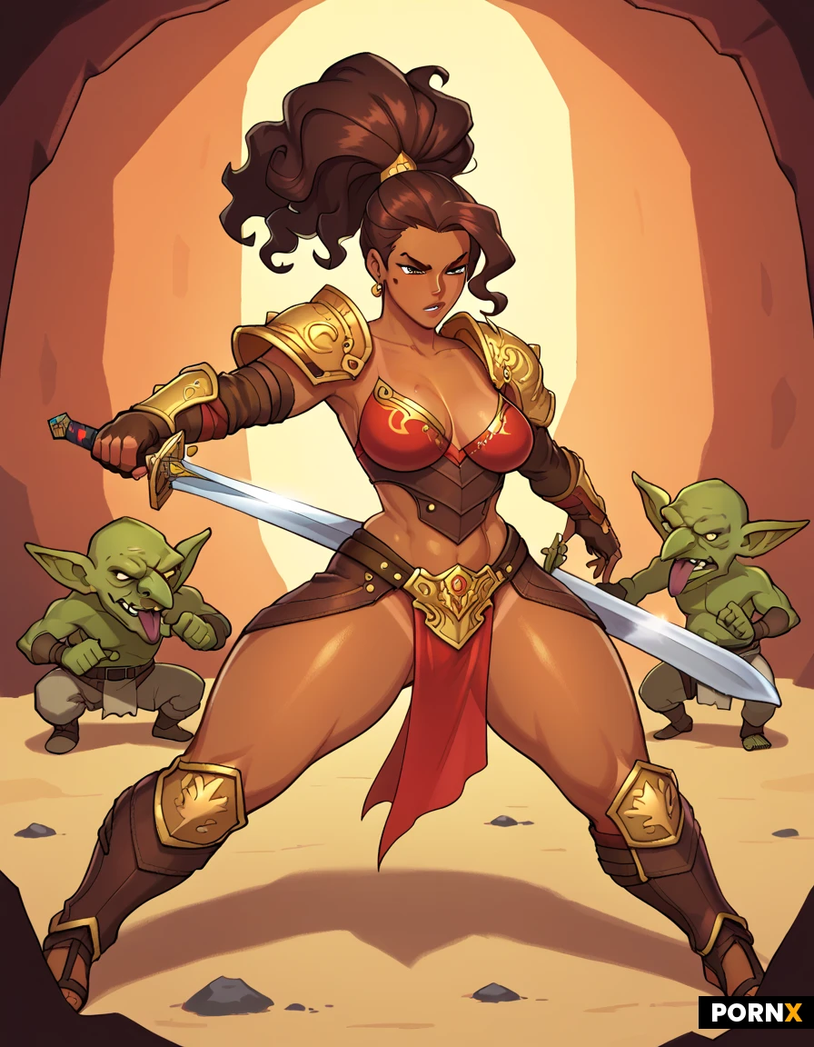 beautiful latina woman, dark wavy hair in a high ponytail, tanned skin, medium breasts, A latina woman with long Brunette hair, fantasy armor, in a cave, sword in hand, fighting a goblin, surrounded by goblins