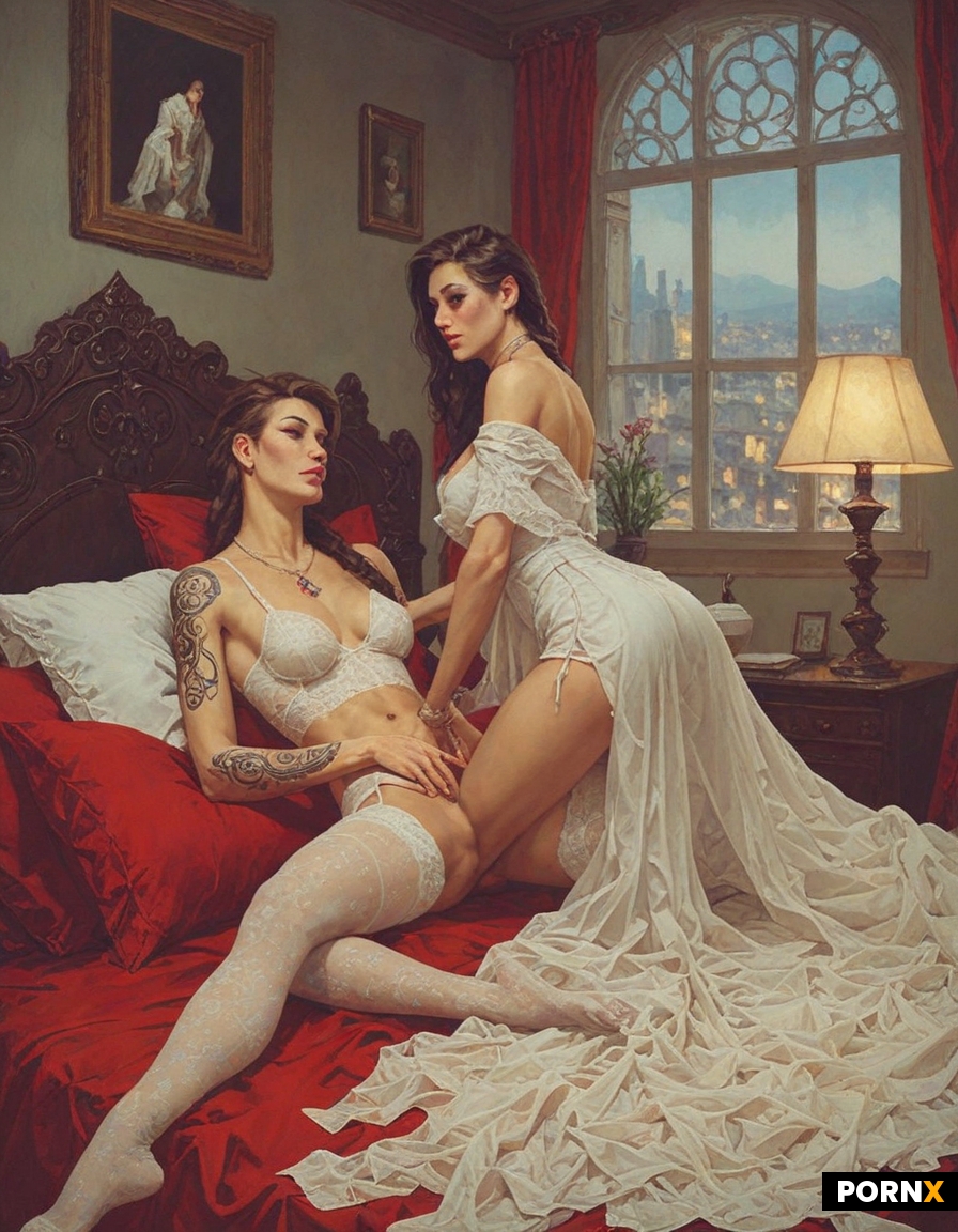 2 lesbians; passionate; orgasm; laying; penetration; middle of the night; dim light from a nearby la