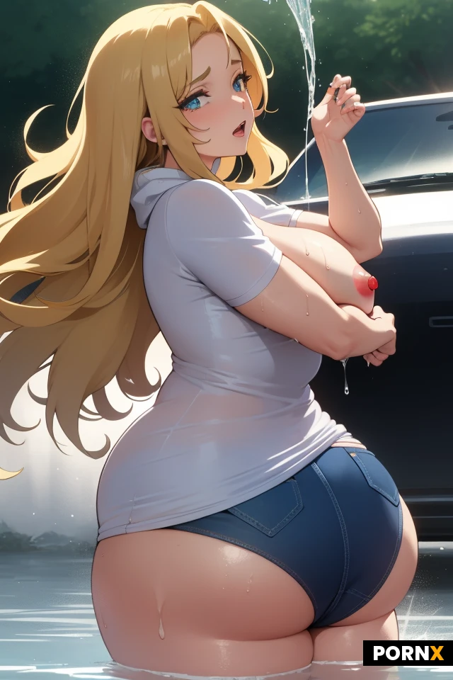 80s Japanese anime style, retro anime illustration, cel-shaded, vibrant colors, soft lighting, slightly grainy film look, a sexy voluptuous blonde woman washing a sleek red sports car, she has long wavy blonde hair, big full breasts, wide hips, thick thighs, wearing tight blue denim hotpants that hug her ass and a white t-shirt completely soaked and transparent from water, clearly showing her hard pink nipples and large tits through the wet fabric, she is leaning forward over the hood of the car while soaping it with a sponge, water dripping down her body, seductive expression, wet skin glistening, dynamic pose emphasizing her curves, classic 1980s anime aesthetic like old OVA style, detailed background with garage and sunlight reflections