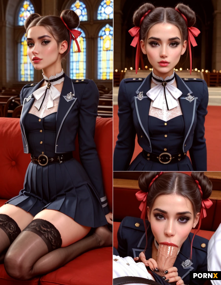 (multiple pictures:1.3),first deepthroat story,hdr,ultra high details,ultra sweet,cutest babe,beautiful,ultra skinny,ultra long legs,wide hips,small,skinny waist,small waist,(perfect breasts),tight high hair buns,hair ribbons,choker,(ultra thick black eyeliner:1.2),glossy_satin,uniform,white lace shirt,jacket,plait pleated midi skirt,high stockings,belt,fully clothed,man,big white cock,male sit on couch,(deepthroat),mouth juice dripping,church,side view from above,looking at viewer,