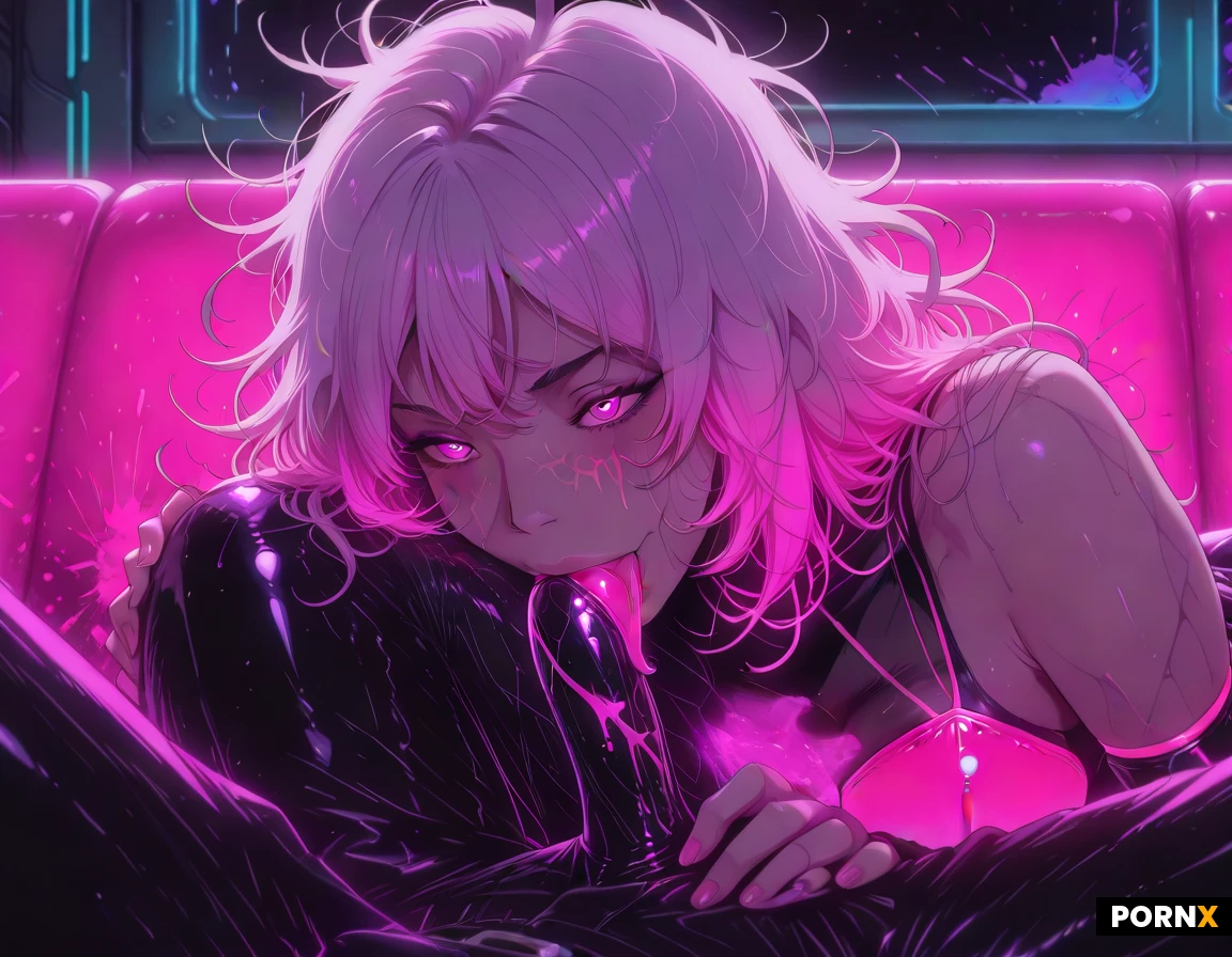 (Ultra short, vibrant-neon pink, messy hair:5), (naked:1.5),(outrageously excessive male ejaculation amount:2), An adult French-American-Sicilian woman with a flat chest, cinched waist, wide hips, thick thighs, and oversized neon-green eyes with dilated pupils, cheeks flushed as she kneels on a polished hardwood floor, her expression lustfully hungry eyed, desperately horny, and brimming with mindless depravity. She is positioned between the spread legs of a muscular man who is seated on a sleek black leather couch, one hand on the back of her head, holding her hair while she performs a slobbery blowjob on his ultra-thick, extra-long, gigantic cock, grabbing the base with one hand and making a deviously wicked expression while using her extra long tongue to lick it from the balls, up the shaft, and all the way up to the tip as the man ejaculates so much semen that it makes a mess of her face and body and splatters onto the floor. The scene is captured from a side angle in 4K with a 85 mm f/1.4 lens, soft rim lighting and a medium depth of field that makes the glossy leather and wet splatter glisten, while a dim warm overhead source casts deep shadows across the room. Neon-pink and neon-green accents pulse faintly in the background, giving the hyper-real, cinematic composition a futuristic, high-contrast atmosphere.