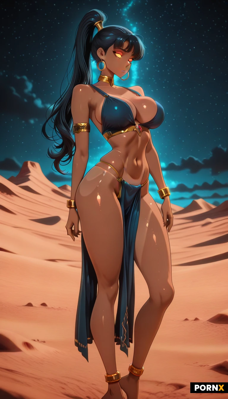1 woman, skinny, large breasts, long high black ponytail hair, tan skin, fit body, flat stomach, glowing golden eyes,
Ancient sexy genie, Gold hoop earrings, gold choker, gold rings, gold bracelets, gold anklets, tight blue silken loincloth, tight golden thong, tight blue silk top, deep cleavage, barefoot,
Night time, Standing on a desert dune, stary night in the background,